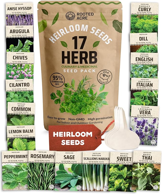 17 Herb Culinary Seed Vault – 5200+ Heirloom Seeds for Indoor/Outdoor or Hydroponic Gardens – High Germination | Cilantro, Mint, Chives, Basil, Parsley & More