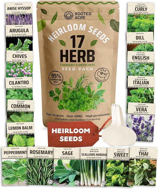 17 Herb Culinary Seed Vault – 5200+ Heirloom Seeds for Indoor/Outdoor or Hydroponic Gardens – High Germination | Cilantro, Mint, Chives, Basil, Parsley & More