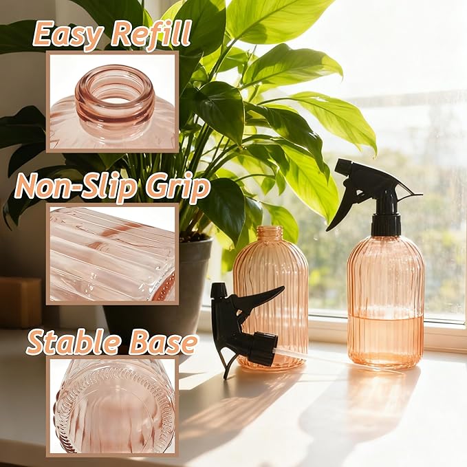 Glass Spray Bottles for Cleaning, Orange Refillable Watering Can,13.5oz Adjustable Nozzle Water Spray Bottle,Plant Mister Spray Bottles for Indoor Plants, Cleaning, Hair Care, Pets Care(2pcs)(Orange)