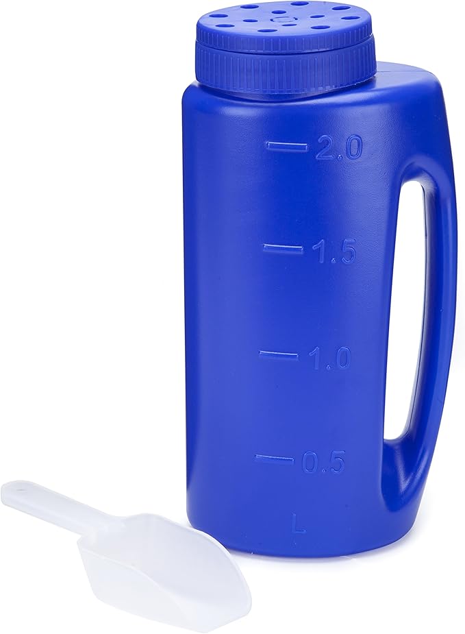 Katai – 2L (70 oz) Hand Held Spreader – Adjustable Hole Size for Seeds, Fertilizer, Salt & Ice Melt – Heavy-Duty Garden Spreader with Scoop – Blue