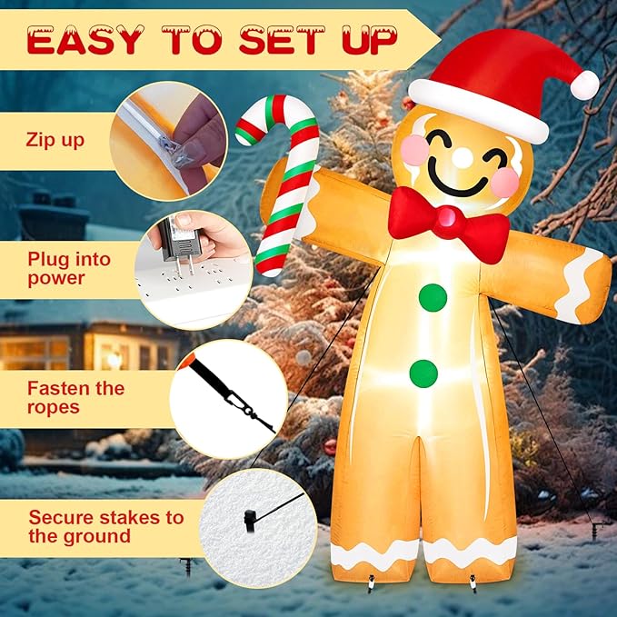 8FT Tall Giant Gingerbread Inflatable Christmas Decorations Outdoor Candy Cane, Built-in LED Lights Funny Ginger Bread Blow Up Outside Decoration for Xmas Holiday Indoor Party Yard Lawn Garden Decor