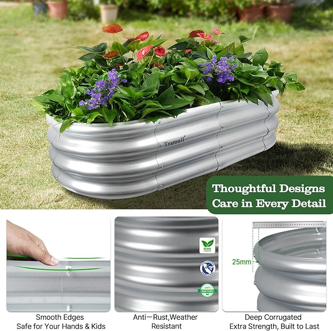 3-Pack 4 * 2 * 1FT Raised Garden Bed Kits, Outdoor Oval Metal Galvanized Ground Planter Garden Boxes for Planting Plants Vegetables Flowers Herbs Fruits, Silver
