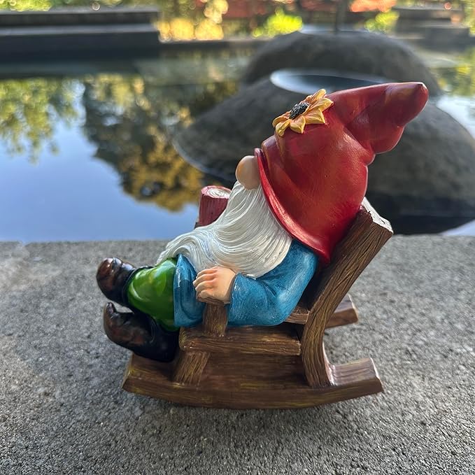 Drinking Coffee Faceless Garden Gnome Statue Decoration - 7.2" Rocking Chair Gnome Statue Figurine Ornament for Indoor Outdoor Home Patio Yard Lawn