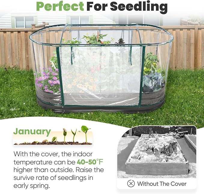 KING BIRD Raised Garden Bed with Cover Galvanized Oval Planter Garden Box Outdoor for Gardening, Vegetables, Flowers 6X3X1 FT, Clear