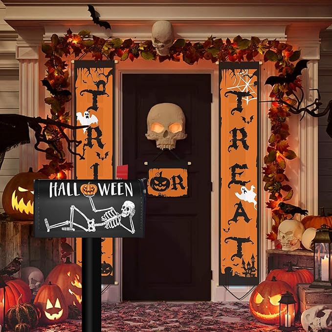 Skull Pumpkin Halloween Mailbox Cover, Large Size Magnetic Mailbox Cover, Waterproof Halloween Spooky Mail Wraps for Outdoor Yard Garden Decor, 25.1x21 Inch