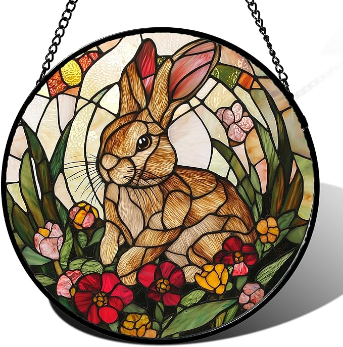 Stained Glass Window Hanging, Cute Bunny Flowers Sun Catcher for Window Door Home Decor, Rabbit Suncatcher Christmas Mother's Day Birthday Gifts for Women Men Mom and Nana 6.3 in