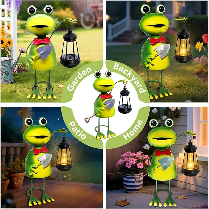 Solar Garden Lights Frog Statue,13.78in Tall Frog with Lantern Waterproof, Christmas Birthday Gifts for Women Mom Grandma, Big Metal Frog Stakes Decorative for Home Front Patio Balcony Yard Art Lawn