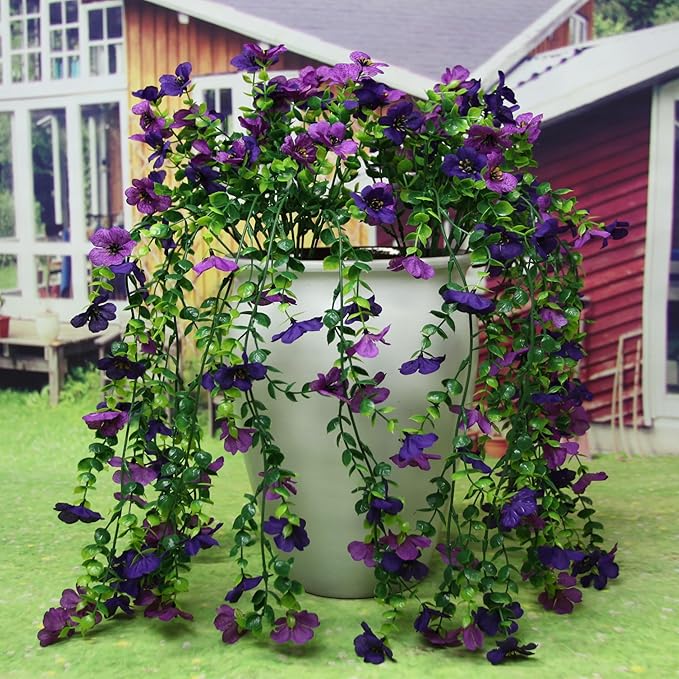 Artificial Faux Hanging Flowers Plants for Outdoor Decor 2 PCS Outside Fake Mums Violets with Eucalyptus UV Resistant Realistic Daisy Trailing Vines for Yard Balcony Porch Decor (Double Purple)