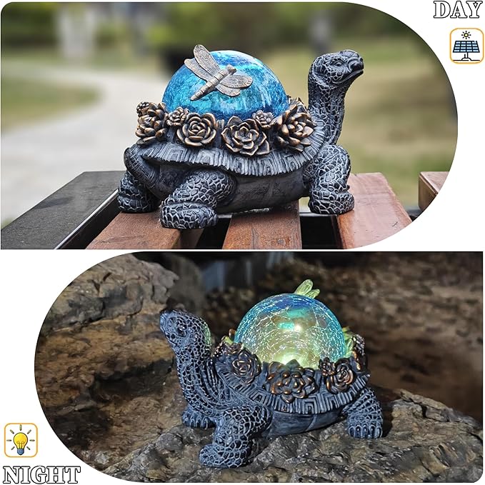 Outdoor Turtle Statue – Resin Animal Figurine with Blue Crystal Solar Lights,Golden Succulent Accents & Dragonfly Decor, Cute Garden Ornament, Yard Art for Lawn, Patio,Mom Wife Unique Gifts