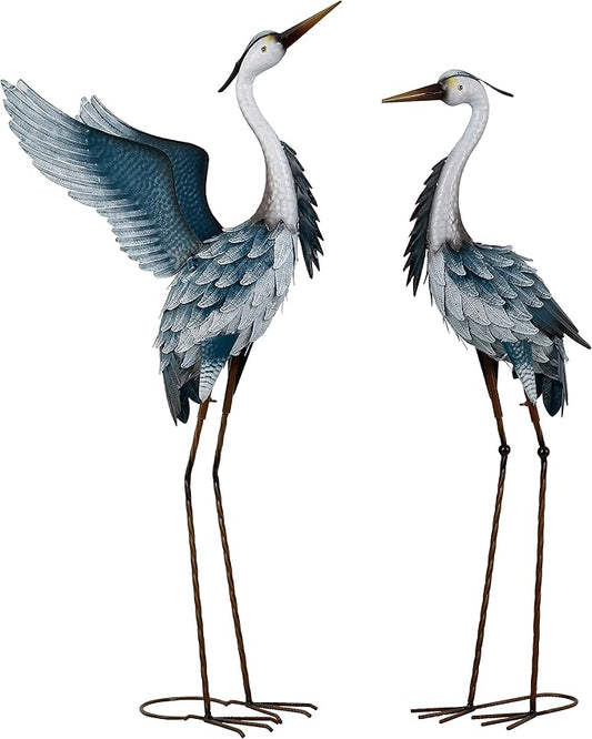 TERESA'S COLLECTIONS Garden Decor Blue Heron Metal Yard Art,38-42" Large Metal Cranes Sculptures & Statues Heron Decoy for Outdoor Indoor Decorations,Outside Patio,Pool, Lawn,Set of 2,Gift for Mom