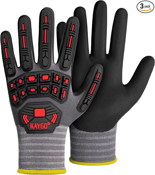KAYGO Impact Reducing Work Gloves for Men,3 Pairs KG18N TPR Safety Work Gloves MicroFoam Nitrile Coated, Seamless Knit Nylon, Ideal for General Purpose, L