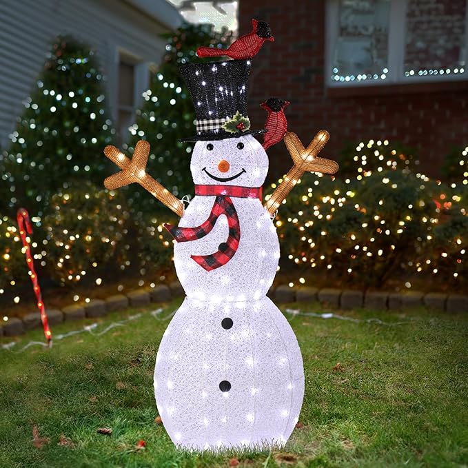 VINGLI 5FT Outdoor Snowman Christmas Decorations, Lighted Outdoor Snowman w/120 LED Lights, Tall Hat, Red Scarf, Ground Stakes, Zip Ties for Indoor, Yard, Outside Xmas Decor