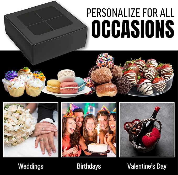 25 pcs Black Mini Cookie Boxes for 4 treats with Window and Dividers, Bakery Boxes, 6 x 6 x 2.4 Inches SMALL Baking Boxes, Square Cookies Box Decorating Supplies for Gift Giving