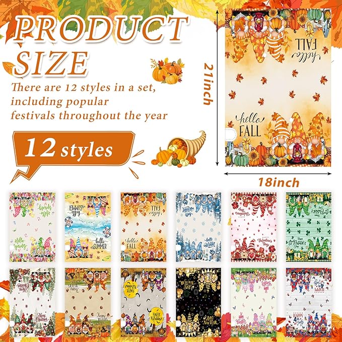 12 Pcs Seasonal Gnome Mailbox Covers Magnetic Standard Size 18 x 21 Inch Halloween Thanksgiving Winter Christmas Magnetic Mailbox Covers for Garden Yard Outdoor Decor