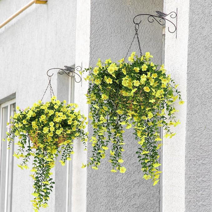 RECUTMS Artificial Hanging Flowers for Outdoors 4 Pcs Fake Mums Plant Decor Realistic Real Touch Silk Flower UV Resistant Trailing Vine Look Real for Yard Porch Patio Garden Balcony (Yellow)