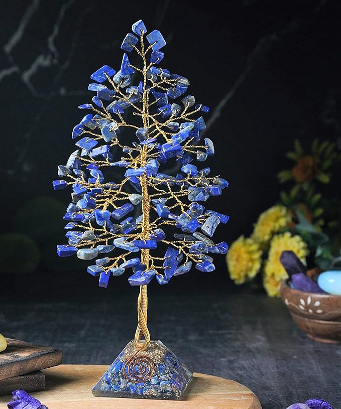 Lapis Lazuli Crystal Tree with Orgone Pyramid Base Blue Desk Decor Healing Crystals Bonsai Tree Blue Gifts for Women Office & Shelf Home Room Decor For Mom Sister Girlfriend Present Housewarming
