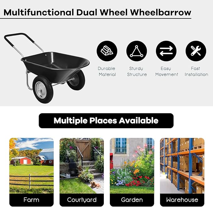 IRONMAX Garden Dual-Wheel Wheelbarrow, Heavy Duty Utility Yard Cart w/ 2x14’’ All-Terrain Wheels & Built-in Stand, Wheel Barrow for Lawn, Yard, Farm, Gardening & Planting (Black)