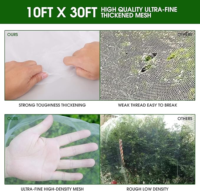 Garden Mesh Netting Kit - 10x30ft Ultra Fine Mesh with 6 Sets Hoops & 12 Clips, Bird Netting Protection for Fruit, Vegetable, Flowers & Animals, Greenhouse Cover