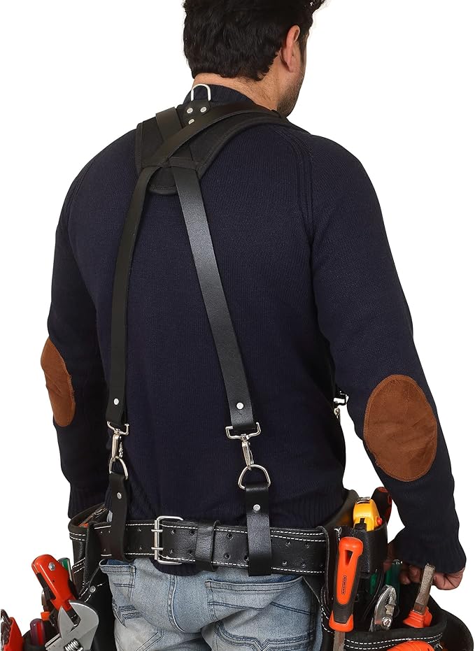 Leather Work Suspenders With Pockets | Fully-Adjustable Padded Leather Tool Belt Suspenders