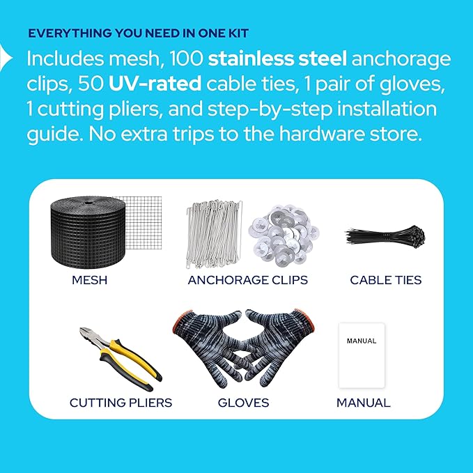 KastLite Solar Panel Bird Guard Mesh Kit - 6in x 100ft PVC Coated Galvanized Wire Screen with 100 Stainless Clips, Pliers & Gloves - No Drill Critter & Rodent Barrier Fence for Under Panels, Black