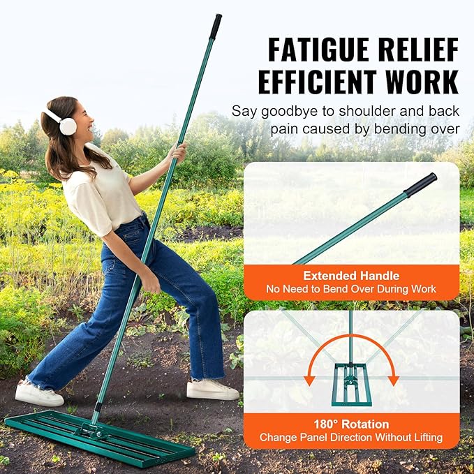 VEVOR Lawn Leveling Rake, 48""x10"" Level Lawn Tool, Heavy-Duty Lawn Leveler with 78"" Steel Extended Handle, Yard Leveling Rake Suit for Garden, Golf Lawn, Farm, Green