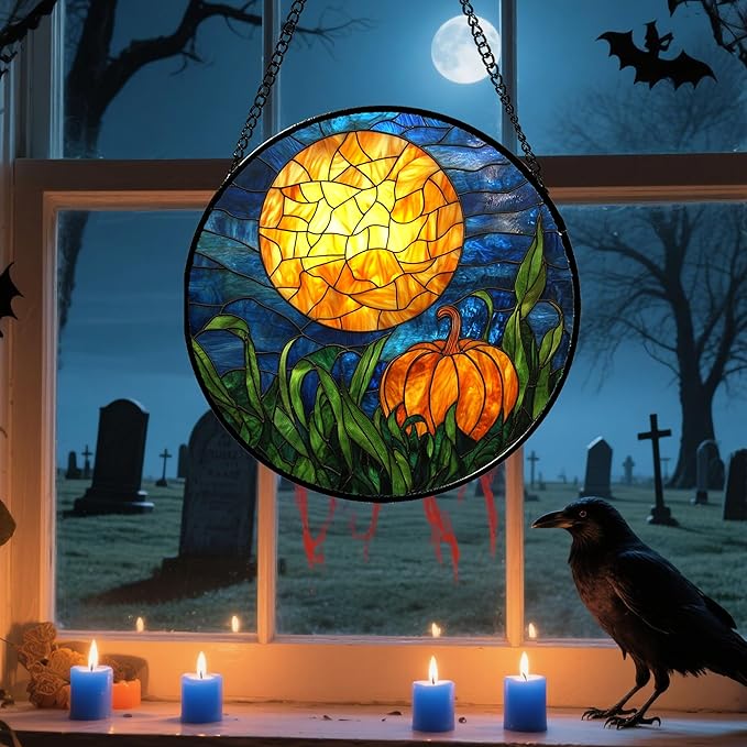 Stained Glass Window Hanging - Halloween Decorations Orange Pumpkin Moon Suncatcher for Doors Garden Indoor Spooky Funny Sun Catchers Gothic Decor Horror Gifts for Women Men Friend 11.8 in