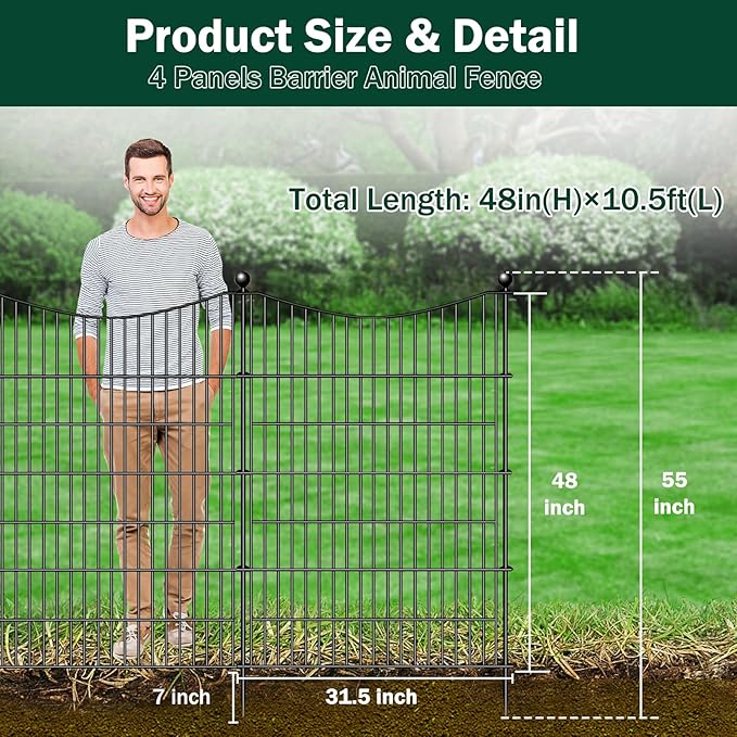 4 Panels Decorative Garden Fence with Gate, 48 in(H) X 10.5 ft(L) No Dig Dog Fence Animal Barrier Outdoor for Yard, Rustproof Metal Garden Edging and Borders, Temporary Fencing Stakes