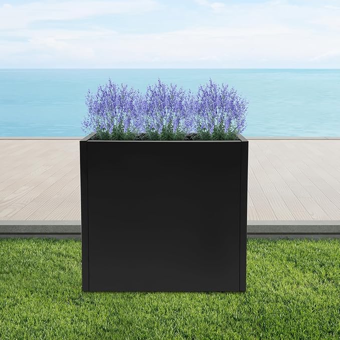 Metallic Heavy Outdoor/Indoor Planter Box, Seamless Large Metal Planter for Tall Trees, Plants, Flowers, No Assembly Required (Black, 24 * 10 * 24 inch)