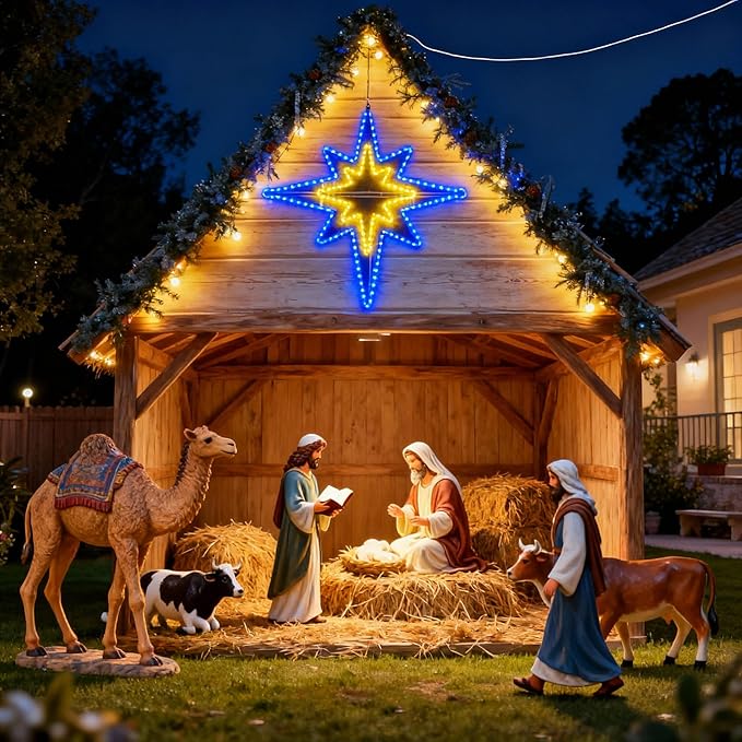 Outdoor Christmas Star of Bethlehem Large LED Star Window Plug Operated Lighted for Xmas Wall Window Indoor Outside Home Street Store Holiday Decorations(43'',Warm, Blue Light)