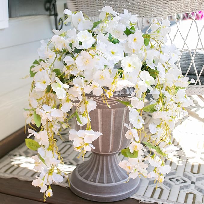 Artificial Hibiscus Fake Hanging Flowers Plants for Outdoor Spring Summer Decoration, 2pcs White Silk Hibiscus Long Trailing Vines UV Resistant Realistic Faux Flower for Outside Front Door Porch Patio