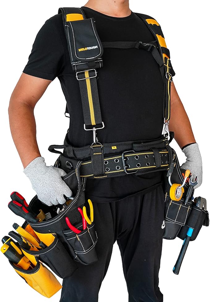 MELOTOUGH 28-Pocket Pro Framer's rig Combo Apron Tool Belt and Heavy Duty Padded Suspenders with Magnetic Desinger for Technician/Carpenter/and Electrician's Tools（Yellow)