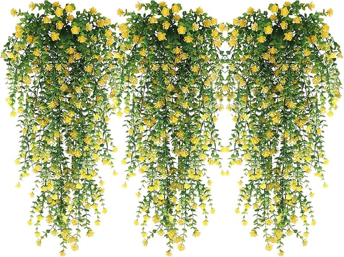 WEISPARK Artificial Hanging Flowers, 9pcs Fake Eucalyptus Vine Faux Flower Greenery Garland Plastic Plants for Indoor Outdoor Wall Garden Wedding Home Party Decor (9pcs Yellow)