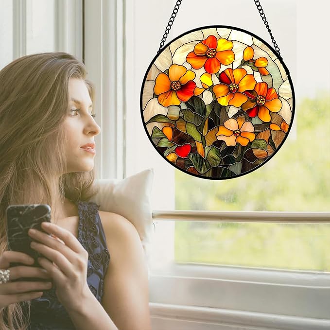 Stained Glass Window Hanging - Orange Marigolds Flowers Suncatcher for Door Garden Yard Sun Catchers Decor Christmas Mother's Day Birthday Gifts for Women Mom Nana Girlfriend Men 15 in