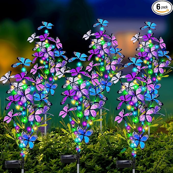 Solar Garden Lights Outdoor, Waterproof 6 Pack Solar Butterfly Lights with 60 LED 12 Butterfly Colorful Lighting for Garden Yard Lawn Outdoor Decor, Gift for Mom Women Mother's Day