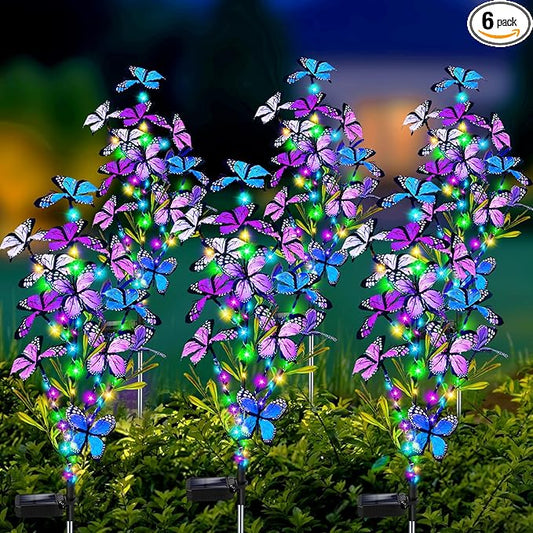 Solar Garden Lights Outdoor, Waterproof 6 Pack Solar Butterfly Lights with 60 LED 12 Butterfly Colorful Lighting for Garden Yard Lawn Outdoor Decor, Gift for Mom Women Mother's Day