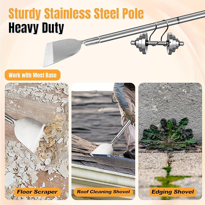 Floor Scraper Long Handle Stainless Steel, Multifunctional Cleaning Shovels with Flat Head, Moss Plaster Wall Putty Shingle Removal Tool, Ice Scraper, Snow Shovel for Driveway-Heavy Duty