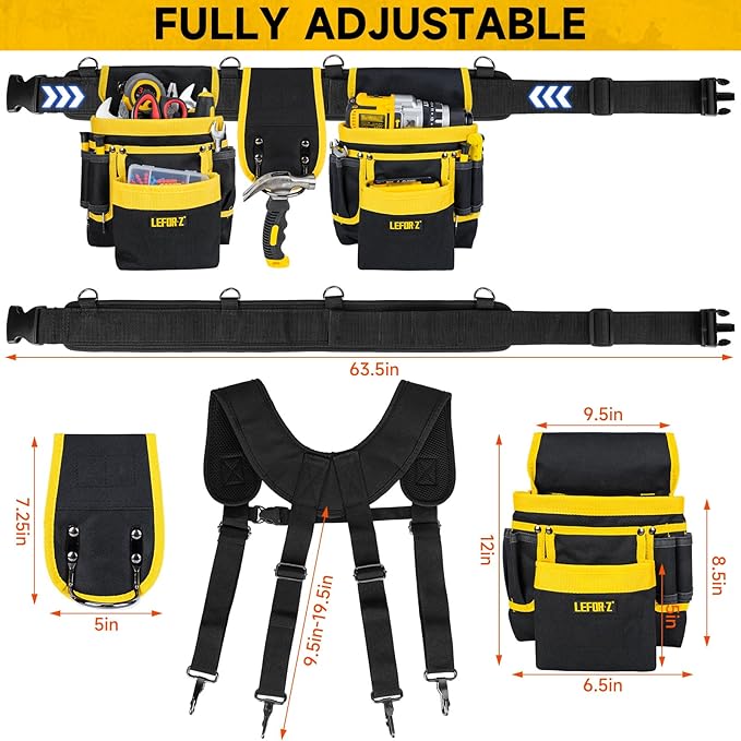 Tool Belt with Suspenders,27-Pockets Heavy Duty Tool Belts for Men with Magnetic Tool Pouch,Detachable & Adjustable Work Belt Bag for Electrician,Carpenter,Construction,Utility Toolbelt,Black,Yellow