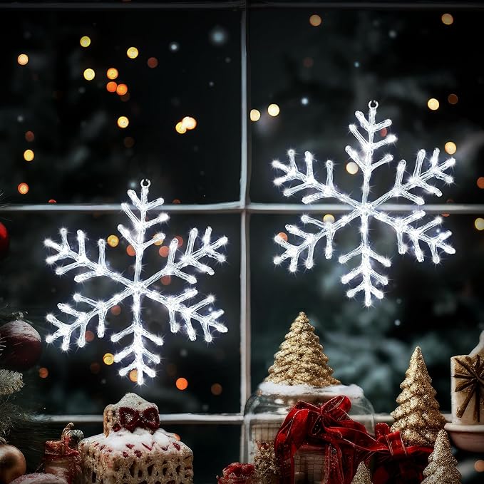 Christmas Decorations, 2 Pack Christmas Window Lights Snowflake Decorations, Snowflake Lights with 8 Lighting Modes for Holiday Indoor and Outdoor Wall Door Glass Decoration(White)