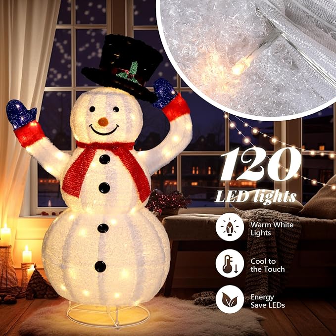 VINGLI 4FT Auto-Waving Outdoor Snowman Christmas Decorations, Lighted Pop Up Snowman w/120 LED Lights, Moving Hat, Red Scarf, Ground Stakes for Indoor, Yard, Outside Xmas Decor