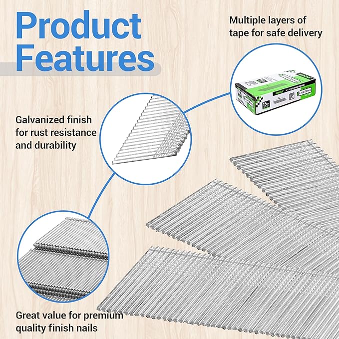 meite 15 Gauge Angled Finish Nails, 1-1/4-Inch 34 Degree Galvanized Finishing Nails for Nailer Guns - Perfect for Window Trim, Cabinet Building and Other DIY Projects (2,000 Counts)