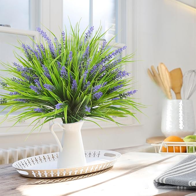 Sggvecsy 12 Bundles Artificial Plants Outdoor Faux Lavender Flowers Fake Monkey Grass UV Resistant Plastic Greenery Plants for Garden Home Porch Window Patio Hanging Planter Indoor Decor (Purple)