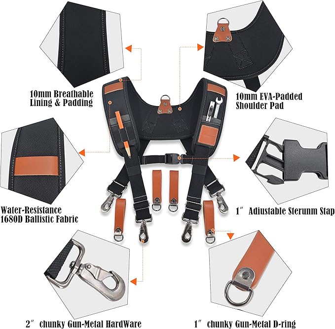 WELKINLAND Heavy-Duty leather tool belt suspenders, Leather tool bag suspenders, Carpenter suspenders, Construction tool belt for men