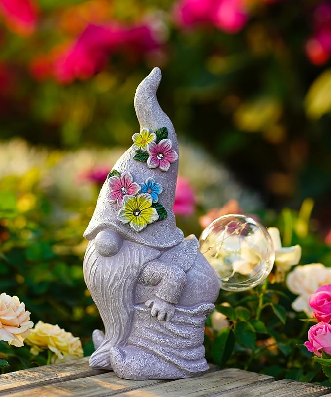 Funny Garden Gnome Statue: Outdoor Figurine Lights for Home Yard Lawn Porch Balcony Patio - Gardening Chrismtas Gifts for Women Mom Grandma