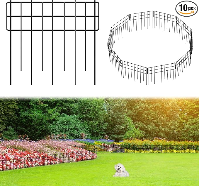 Decorative Fence Panel, 12.99"*11.97" No Dig Fences Barrier, Small Garden Fence Animal Barrier, Garden Border Edging Fences, Square 10 Pcs Black Metal Fencing, Dog Fencing Blocker for Yard, Flower Bed