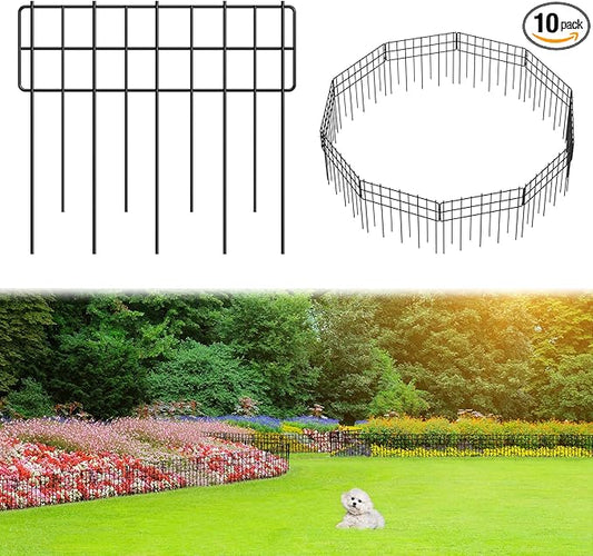 Decorative Fence Panel, 12.99"*11.97" No Dig Fences Barrier, Small Garden Fence Animal Barrier, Garden Border Edging Fences, Square 10 Pcs Black Metal Fencing, Dog Fencing Blocker for Yard, Flower Bed