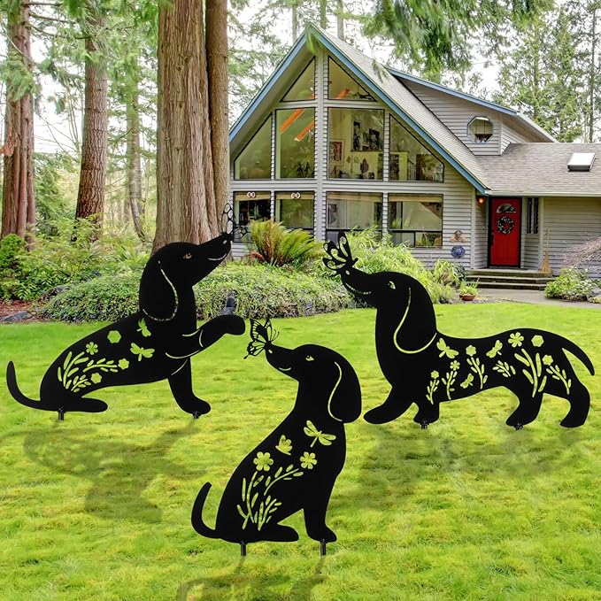 3 Pcs Metal Dog Garden Decor for Outside 12" Puppy Garden Stake Black Silhouette Statues Outdoor Decoration for Animal Lovers Gifts Women Men Patio Lawn Lawn Yard Art(Dachshund)