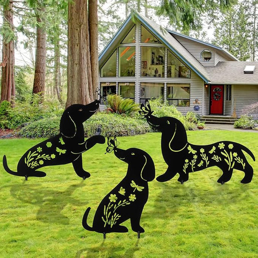 3 Pcs Metal Dog Garden Decor for Outside 12" Puppy Garden Stake Black Silhouette Statues Outdoor Decoration for Animal Lovers Gifts Women Men Patio Lawn Lawn Yard Art(Dachshund)