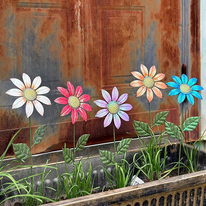 5Pcs Outdoor Metal Flowers for Outside - Decorative Garden Stakes with Sunflower Design, Spring Yard Art Decor for Lawn Porch Patio Fence | Metal Garden Decor Stakes.