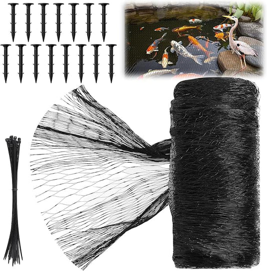 Koi Pond Netting Kit 14 x 14ft, Bird Deer Fence Netting, Durable Net Cover for Leaves, Heavy Duty Fine Mesh, Protect Fish from Blue Heron Birds, Cats & Predators, 15pcs Stakes & Ties Included