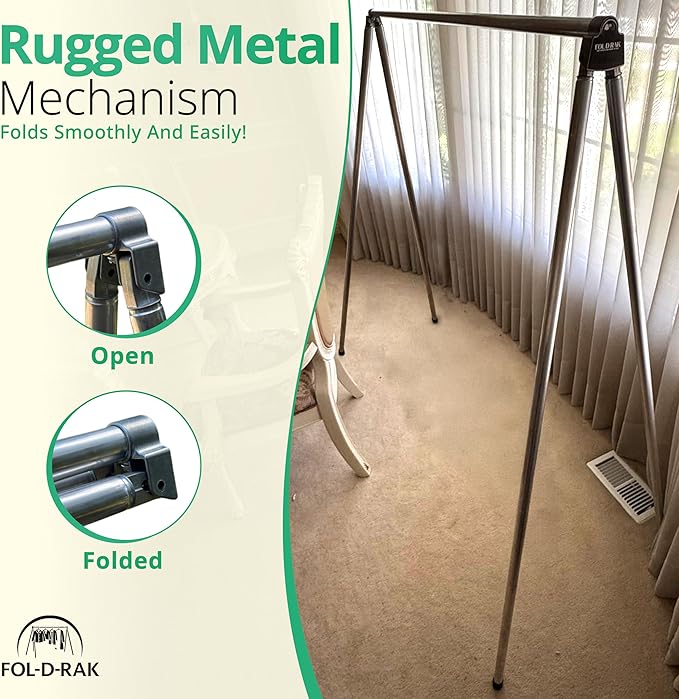 FOL-D-RAK Fully Assembled Lightweight Clothing Rack with Carry Bag. 59" Length Made from Commercial Grade Aluminum. Can Hold Over 50 LBS. Weighs 4 LBS.